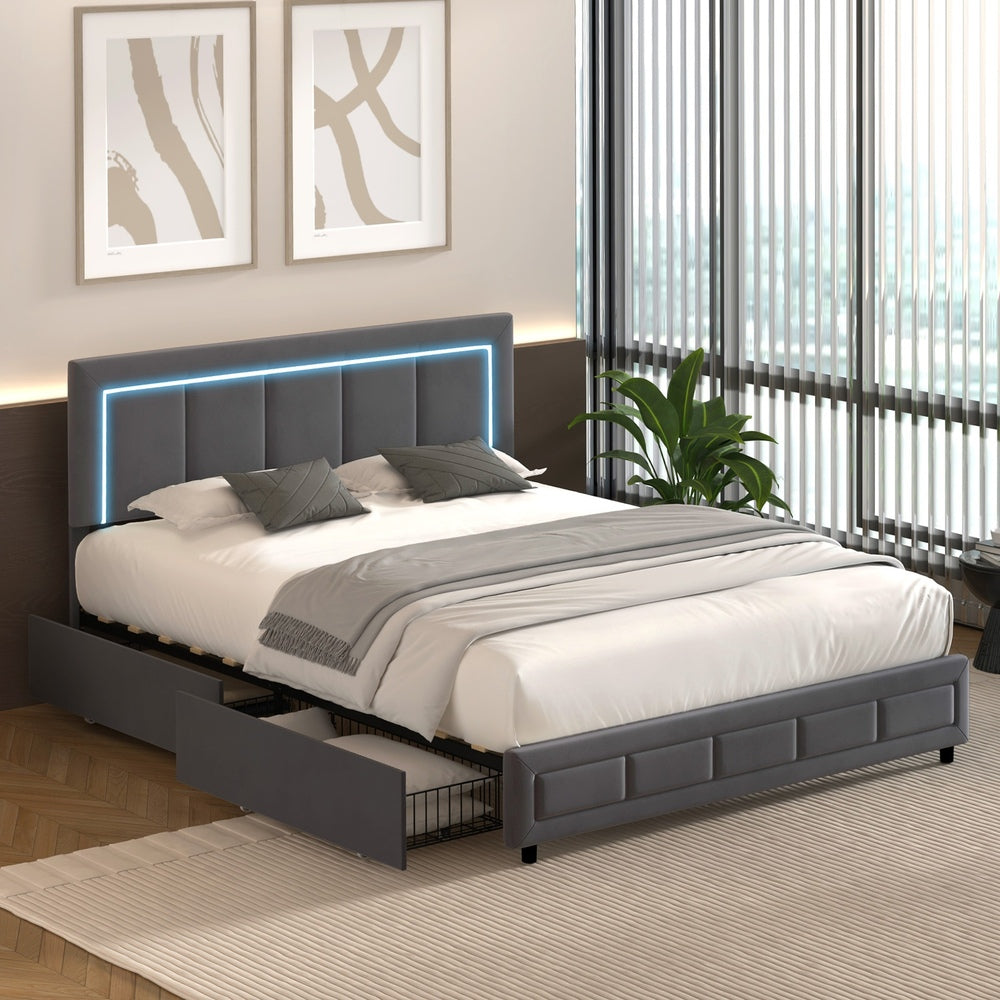 LED Bed Frame Queen Size 4 Drawers Adjustable Headboard Beige/Velvet/Black