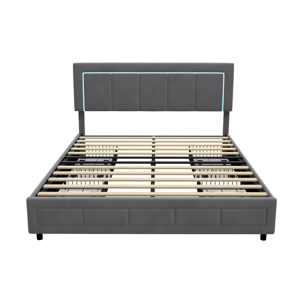LED Bed Frame Queen Size 4 Drawers Adjustable Headboard Beige/Velvet/Black
