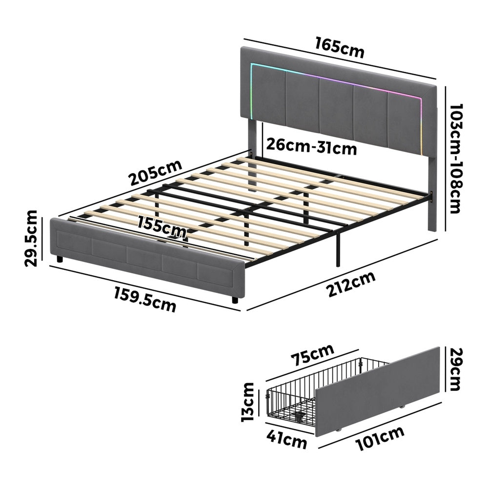 LED Bed Frame Queen Size 4 Drawers Adjustable Headboard Beige/Velvet/Black