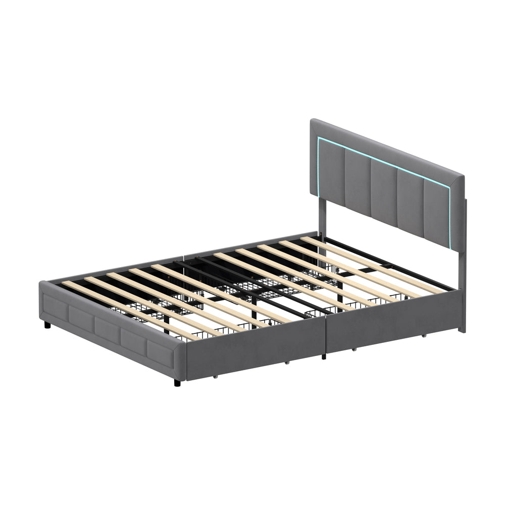 LED Bed Frame Queen Size 4 Drawers Adjustable Headboard Beige/Velvet/Black