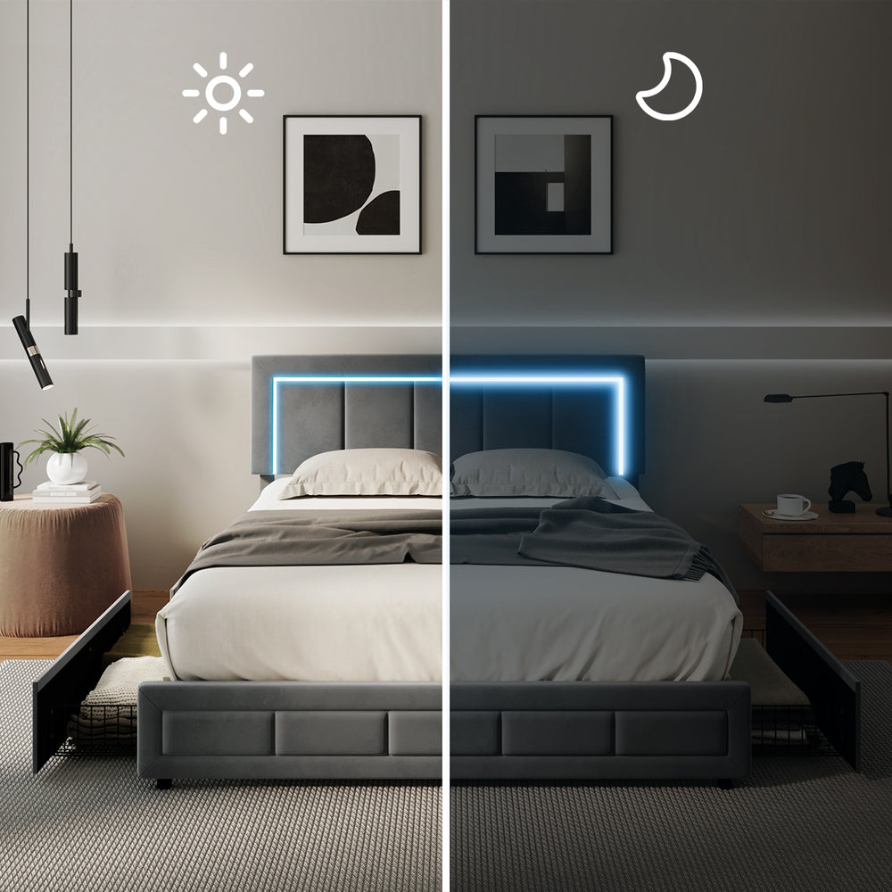LED Bed Frame Queen Size 4 Drawers Adjustable Headboard Beige/Velvet/Black