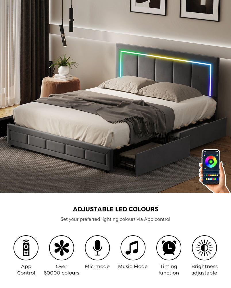 LED Bed Frame Queen Size 4 Drawers Adjustable Headboard Beige/Velvet/Black