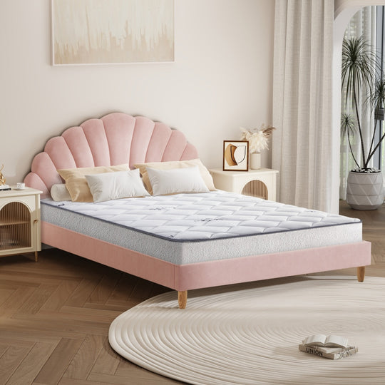 Pink/White Velvet Bed Frame with Mattress and Stylish Design Double Size