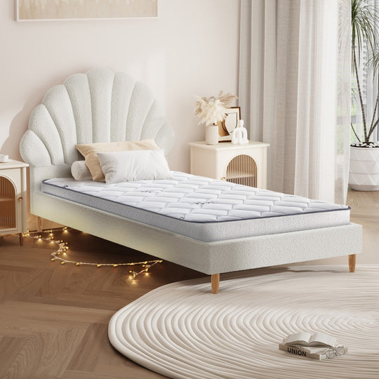 White Boucle Bed Frame with Mattress and Stylish Design Single Size