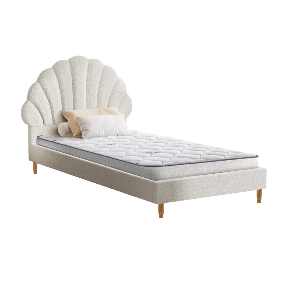 White Boucle Bed Frame with Mattress and Stylish Design Single Size