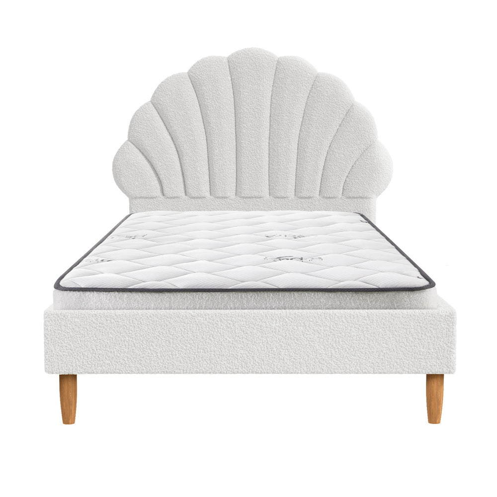 White Boucle Bed Frame with Mattress and Stylish Design Single Size