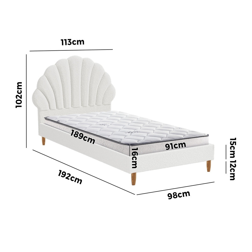 White Boucle Bed Frame with Mattress and Stylish Design Single Size