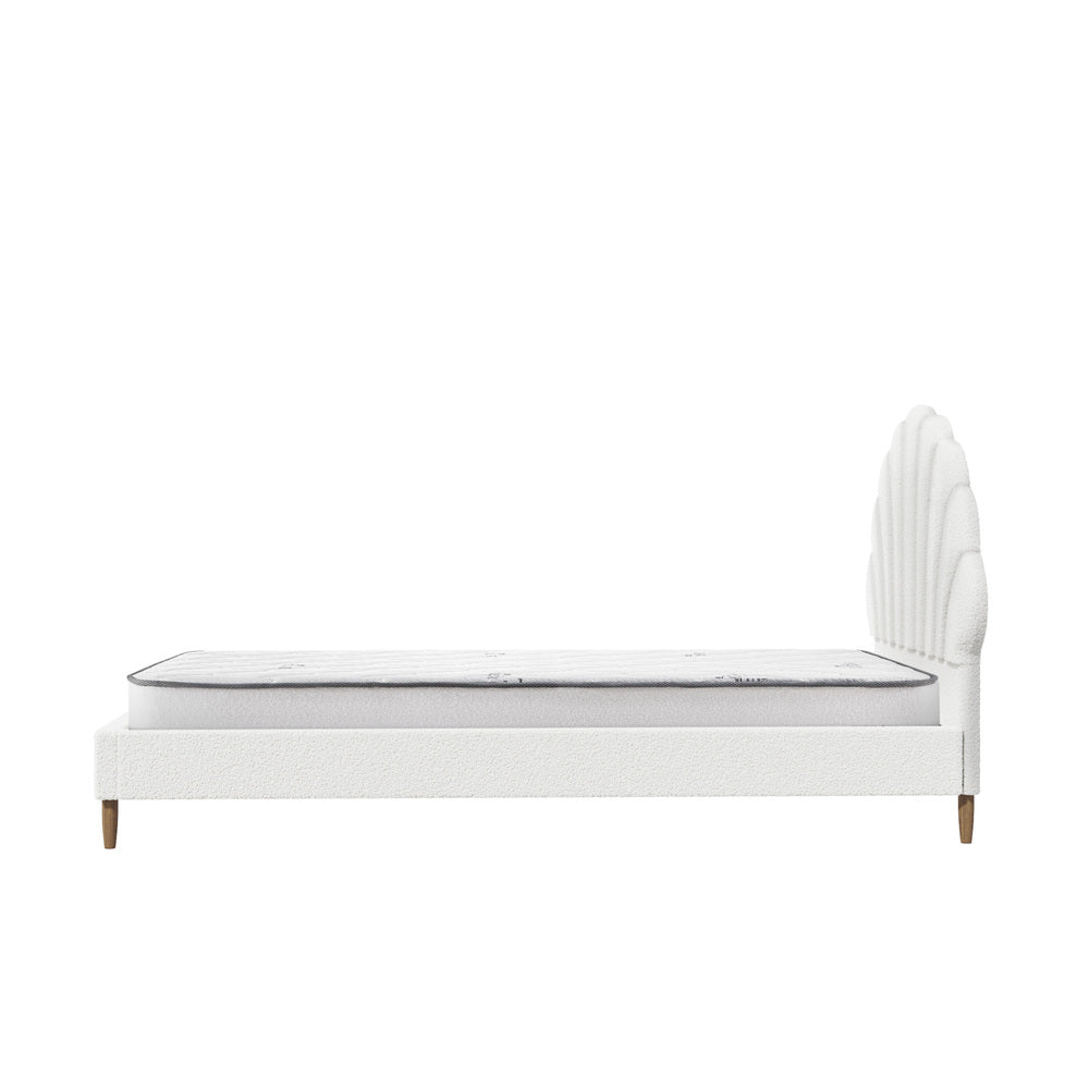 White Boucle Bed Frame with Mattress and Stylish Design Single Size