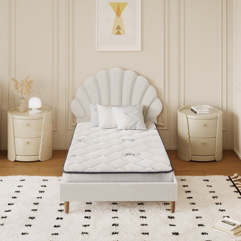 White Boucle Bed Frame with Mattress and Stylish Design Single Size