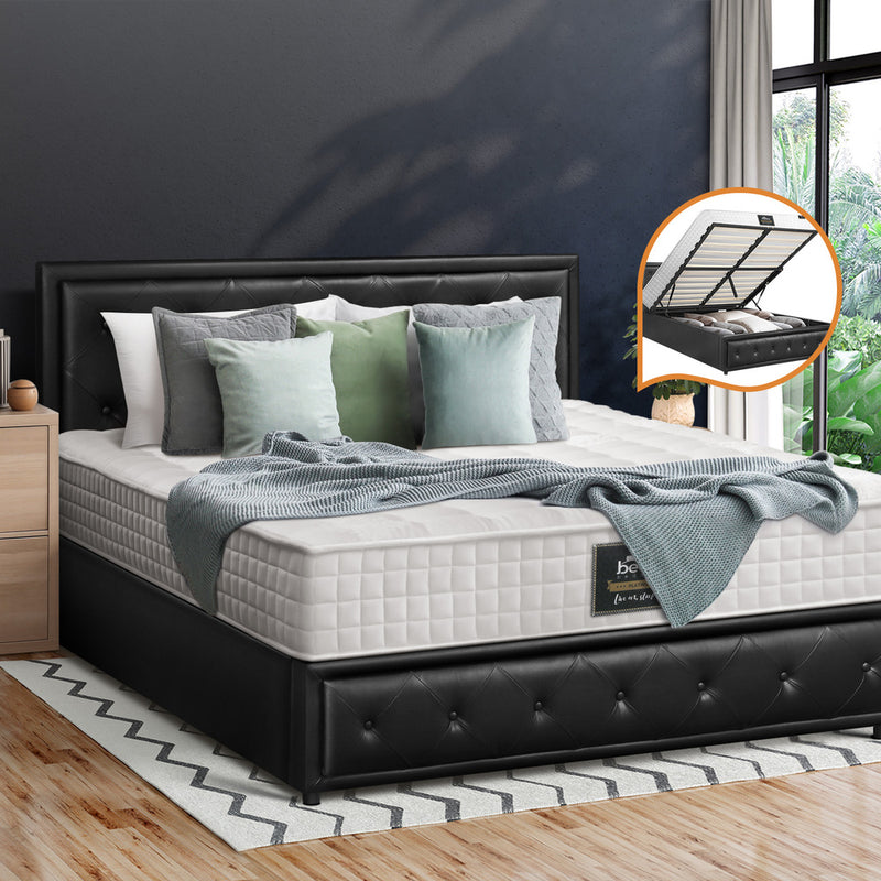 Bed Frame with Mattress Gas Lift Leather/Fabric with Queen Gaslift White