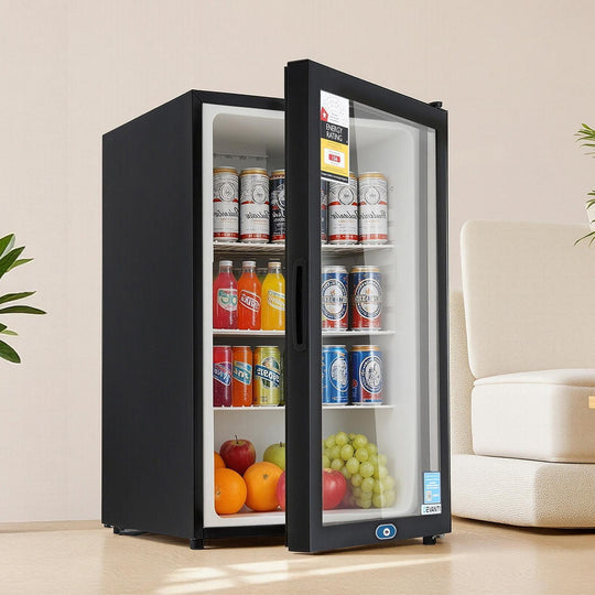 Glass finish - 105L Bar Fridge Glass Door Mini Fridge Countertop Cooler Black King