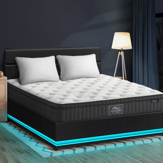 Black/Grey Bed Frame with LED Gas Lift and Mattress - Double