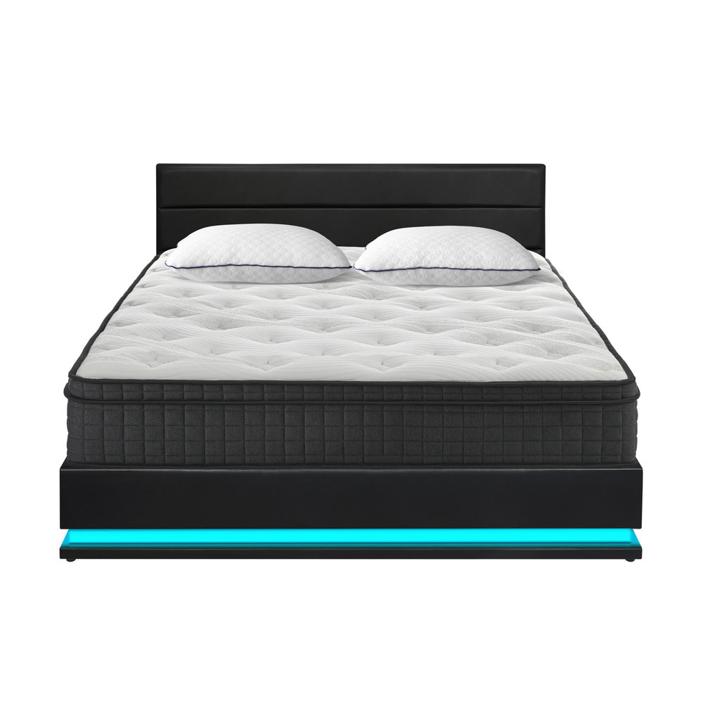 Black Bed Frame with LED Gas Lift and Mattress K/Q