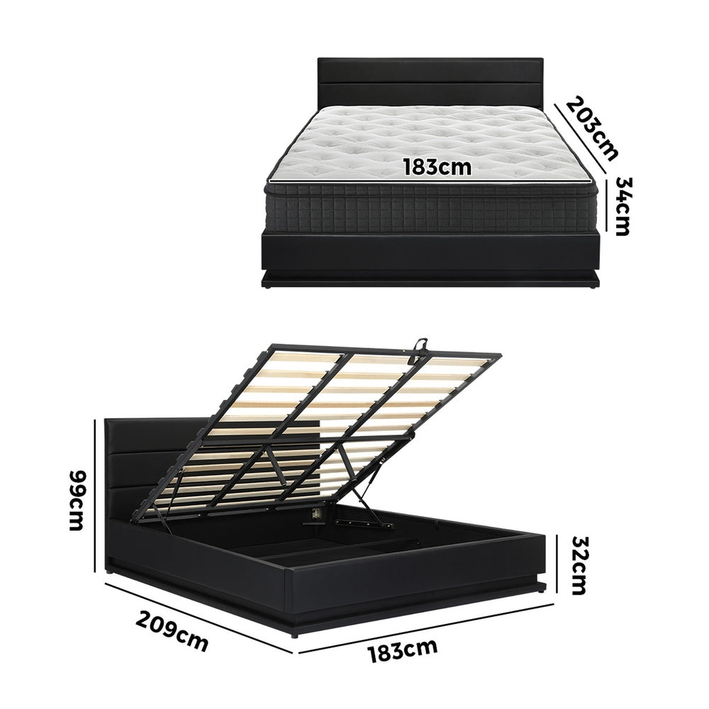 Black Bed Frame with LED Gas Lift and Mattress K/Q