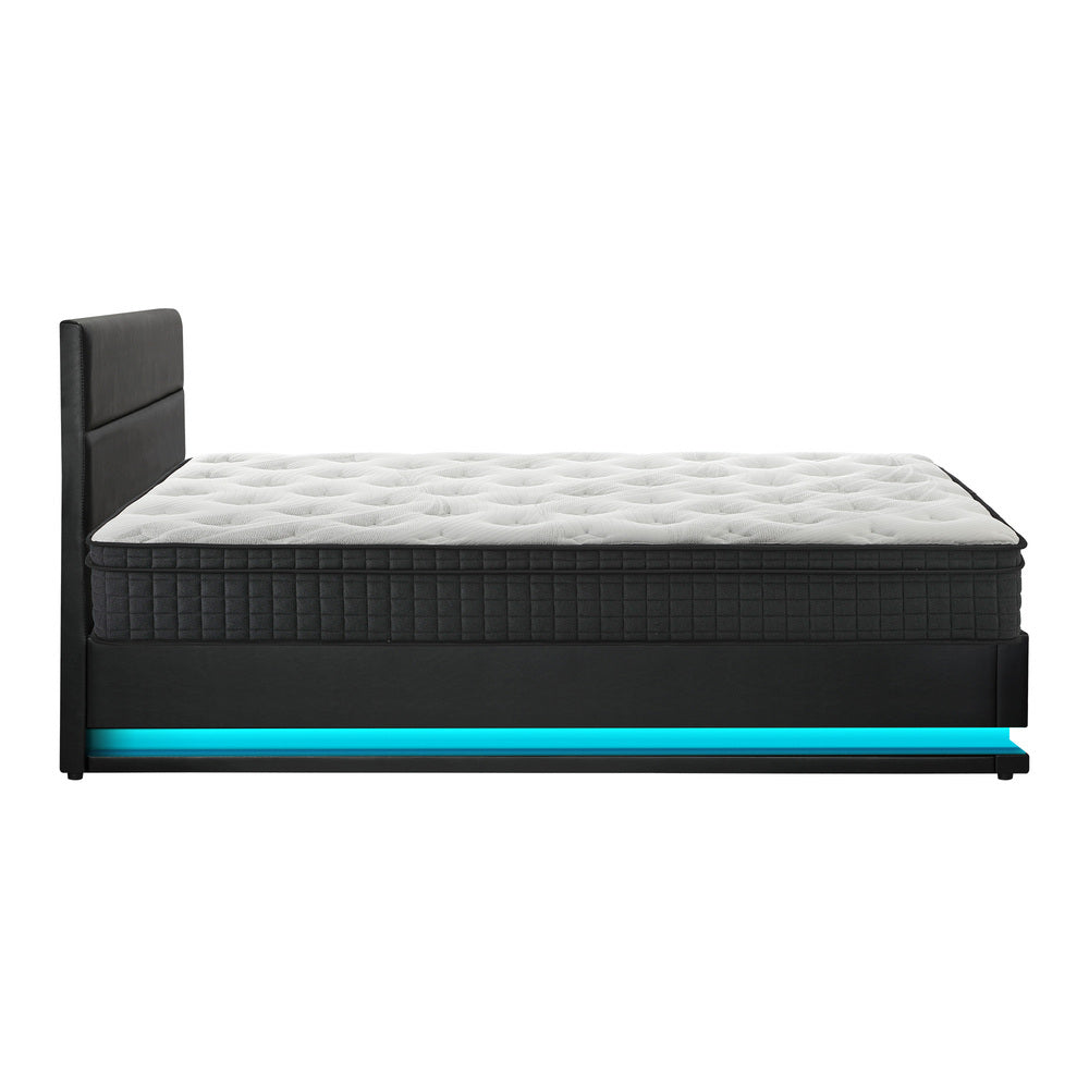 Black Bed Frame with LED Gas Lift and Mattress K/Q