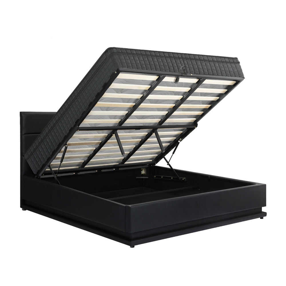 Black Bed Frame with LED Gas Lift and Mattress K/Q
