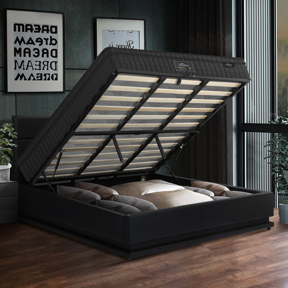 Black Bed Frame with LED Gas Lift and Mattress K/Q