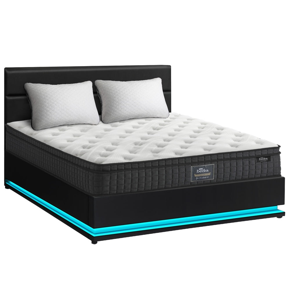 Black Bed Frame with LED Gas Lift and Mattress K/Q
