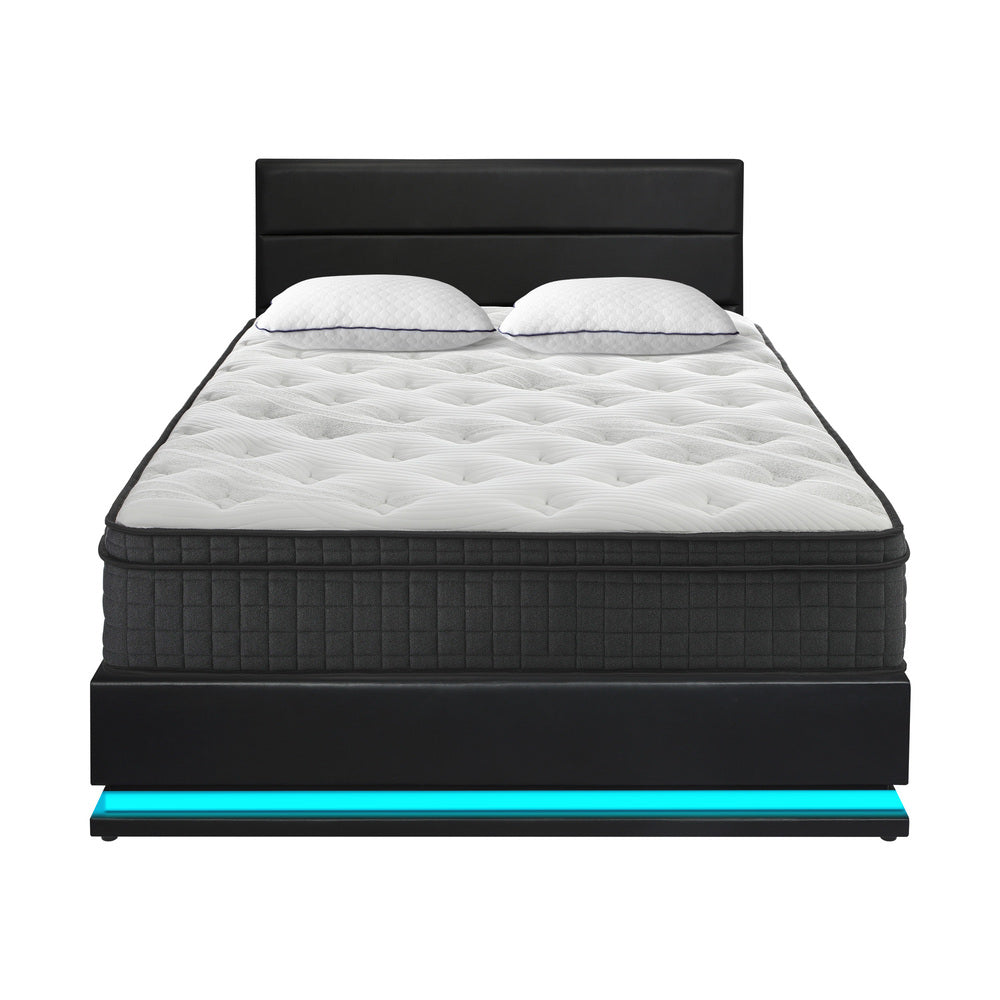 Black Bed Frame with LED Gas Lift and Mattress K/Q