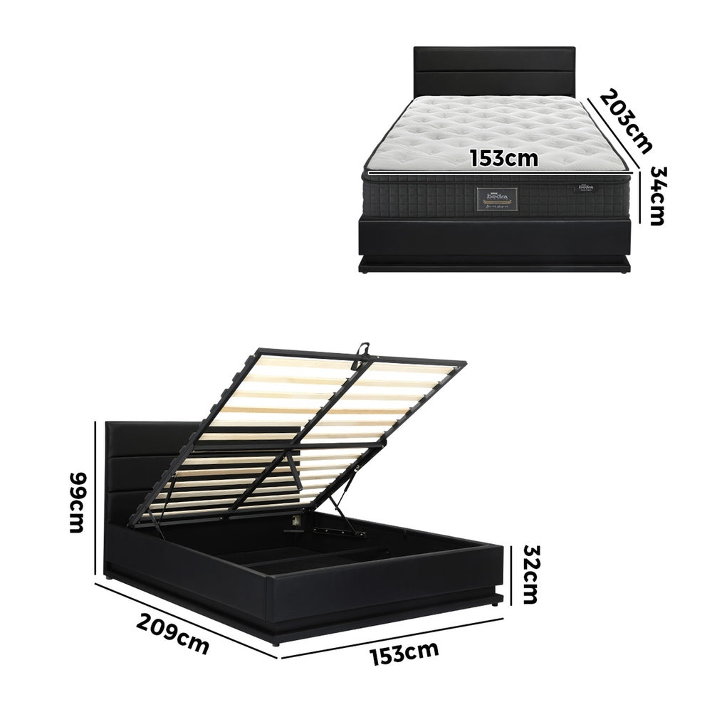 Black Bed Frame with LED Gas Lift and Mattress K/Q