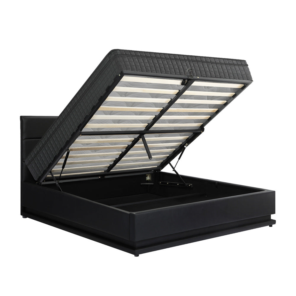 Black Bed Frame with LED Gas Lift and Mattress K/Q