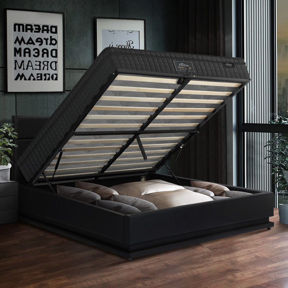 Black Bed Frame with LED Gas Lift and Mattress K/Q