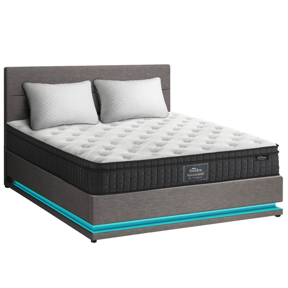 Black/Grey Bed Frame with LED Gas Lift and Mattress - Double