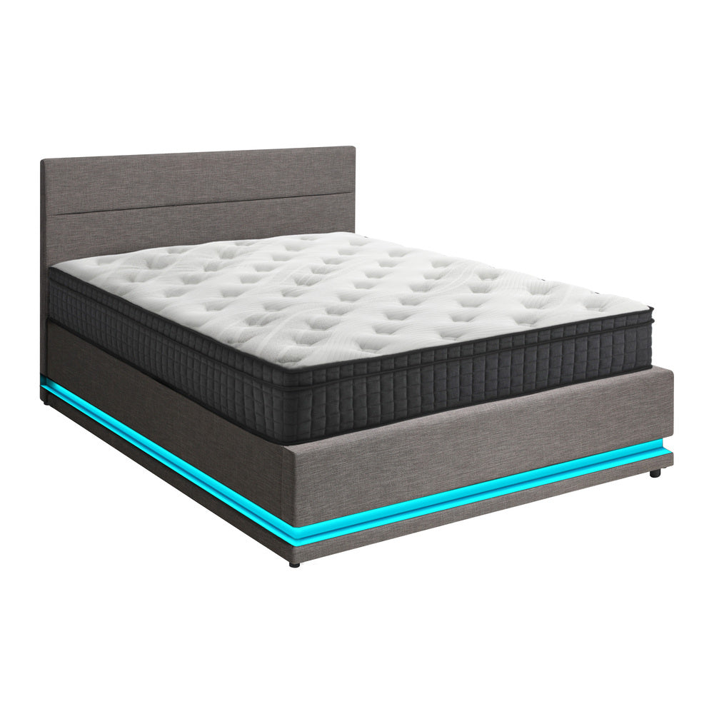 Bed Frame with Mattress King & Queen Size LED Gas Lift Black/Grey