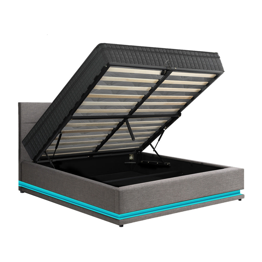 Bed Frame with Mattress King & Queen Size LED Gas Lift Black/Grey