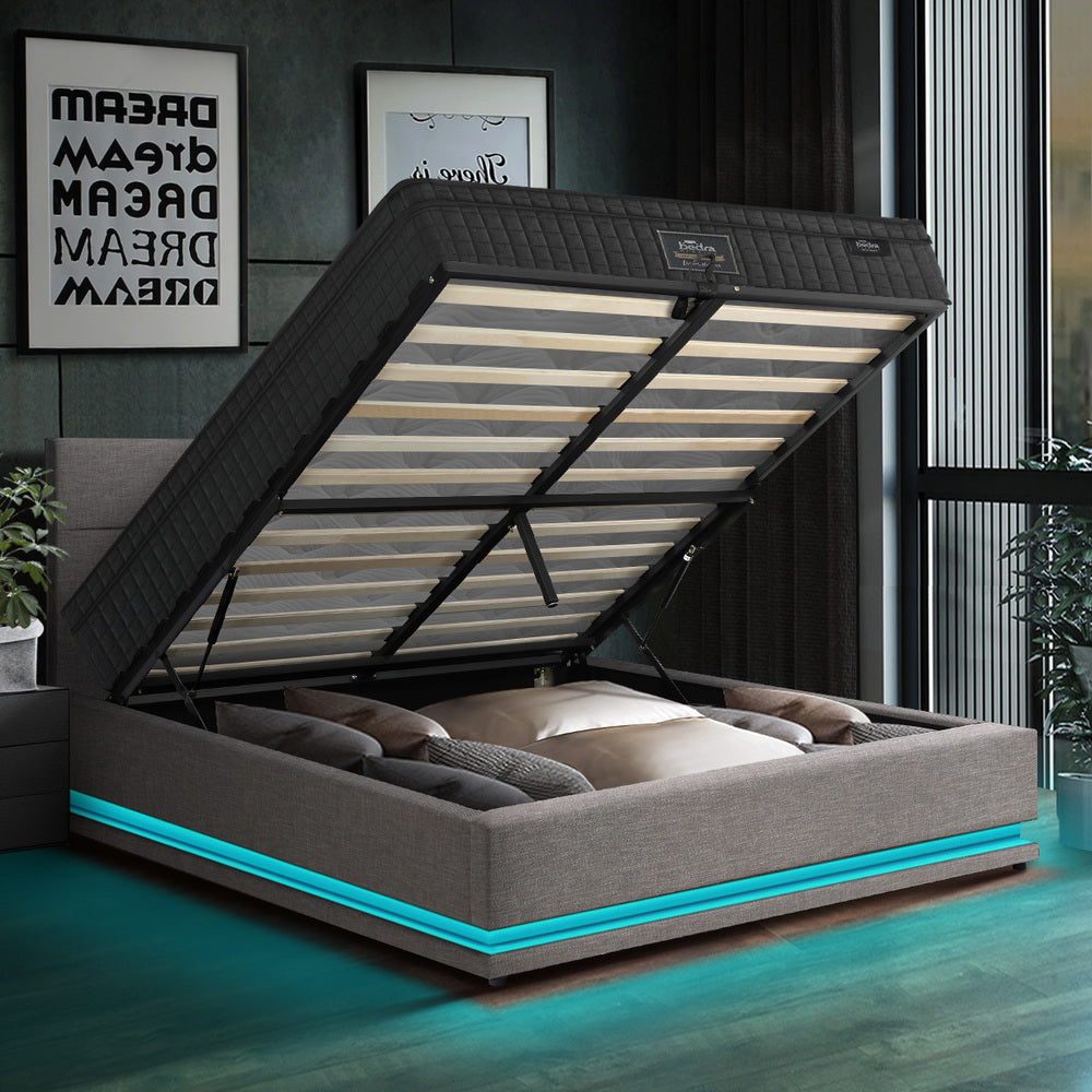 Bed Frame with Mattress King & Queen Size LED Gas Lift Black/Grey