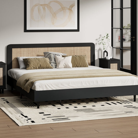 Wooden Bed Frame Rattan Headboard Q/D/K/KS/S