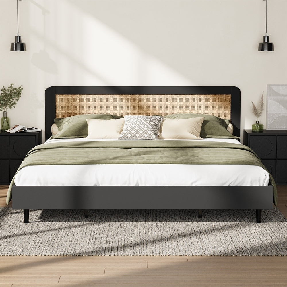 Wooden Bed Frame Rattan Headboard Q/D/K/KS/S