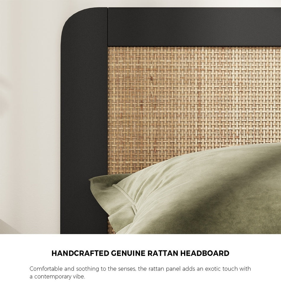 Wooden Bed Frame Rattan Headboard Q/D/K/KS/S