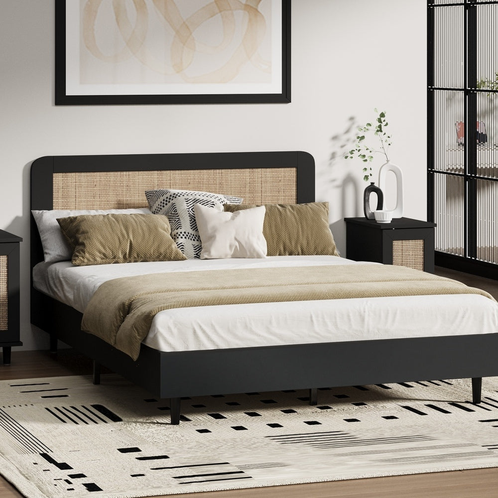 Wooden Bed Frame Rattan Headboard Q/D/K/KS/S