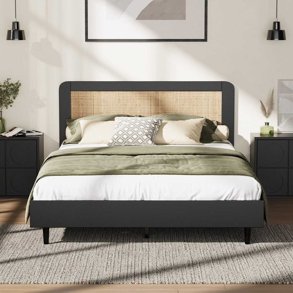 Wooden Bed Frame Rattan Headboard Q/D/K/KS/S