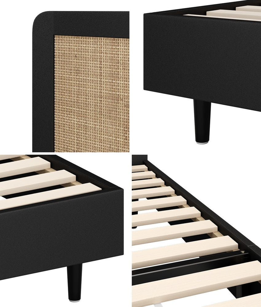 Wooden Bed Frame Rattan Headboard Q/D/K/KS/S