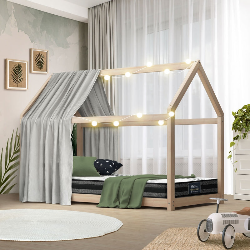Kids Bed Frame With Single Mattress Set House Style with Wooden Bed Frame