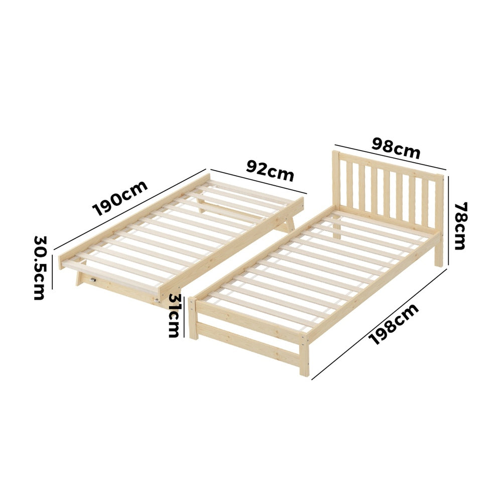 Trundle Bed Frame Single Wooden Timber Dual Bed Natural