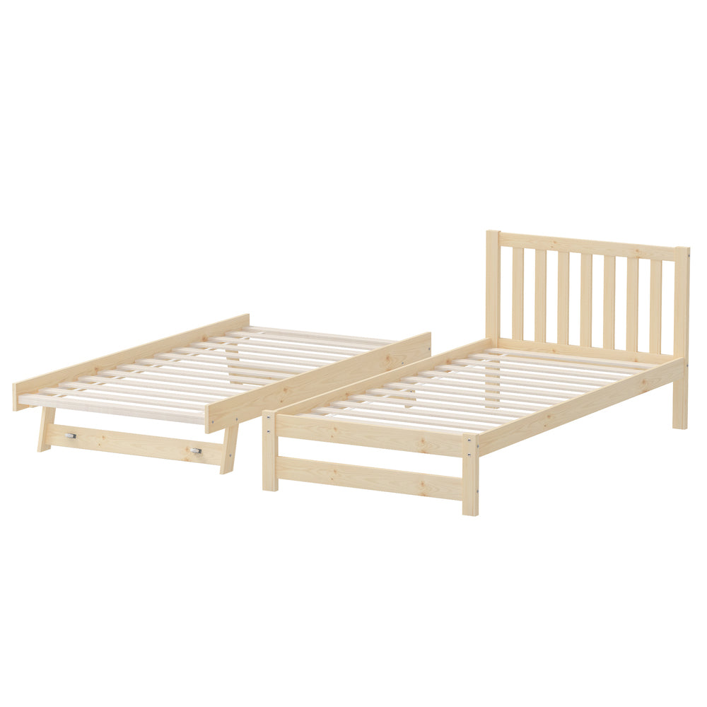 Trundle Bed Frame Single Wooden Timber Dual Bed Natural