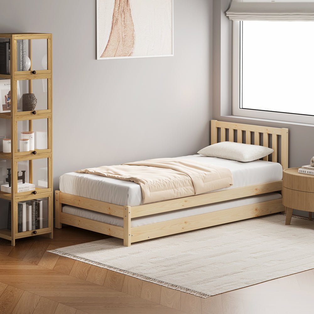 Trundle Bed Frame Single Wooden Timber Dual Bed Natural