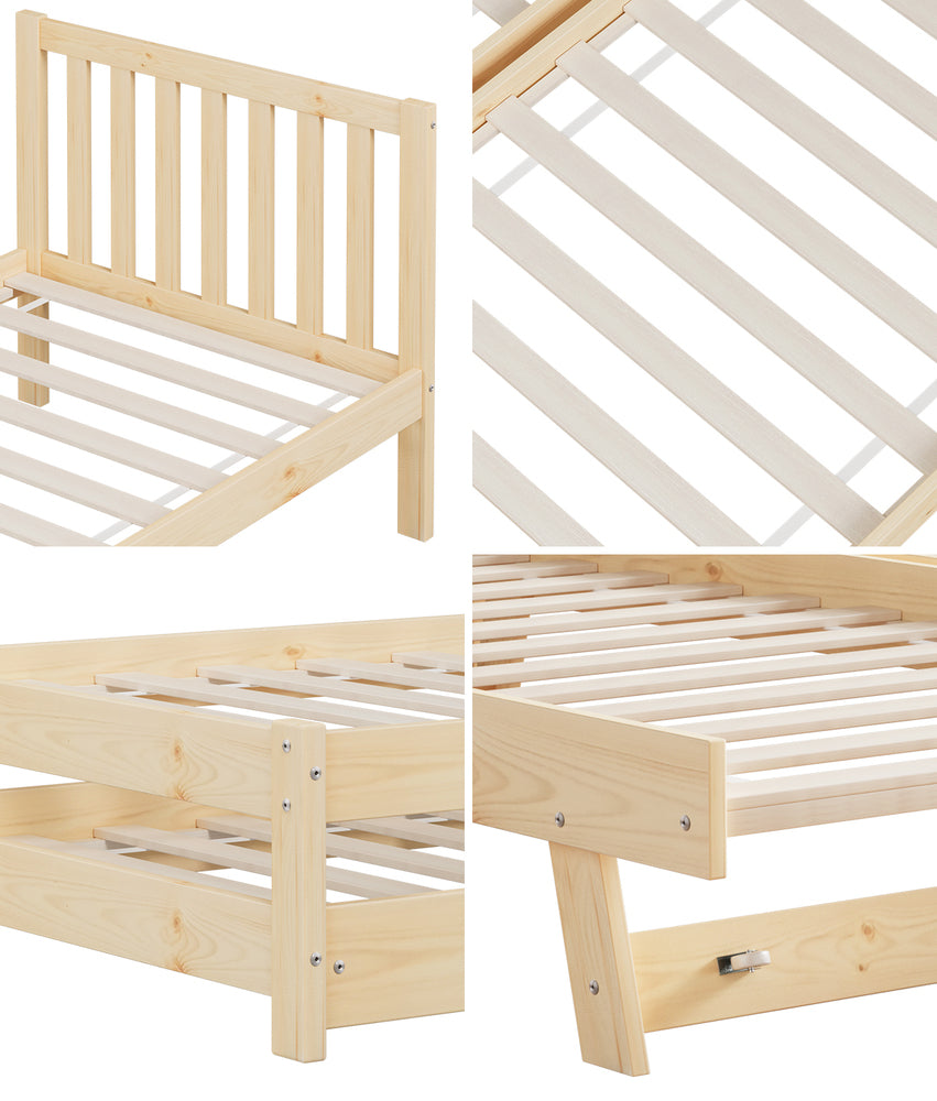 Trundle Bed Frame Single Wooden Timber Dual Bed Natural
