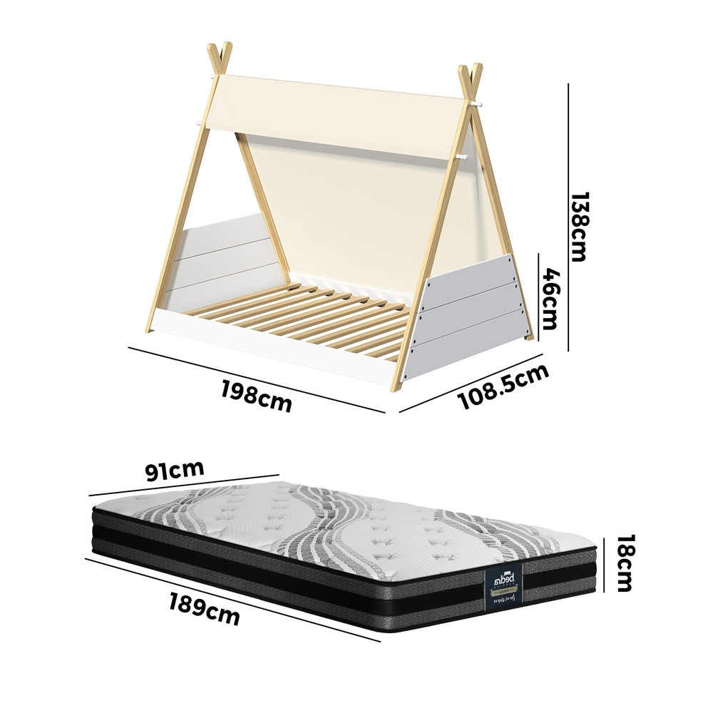 Kids Bed Frame and Mattress Single House Teepee Triangle Beds
