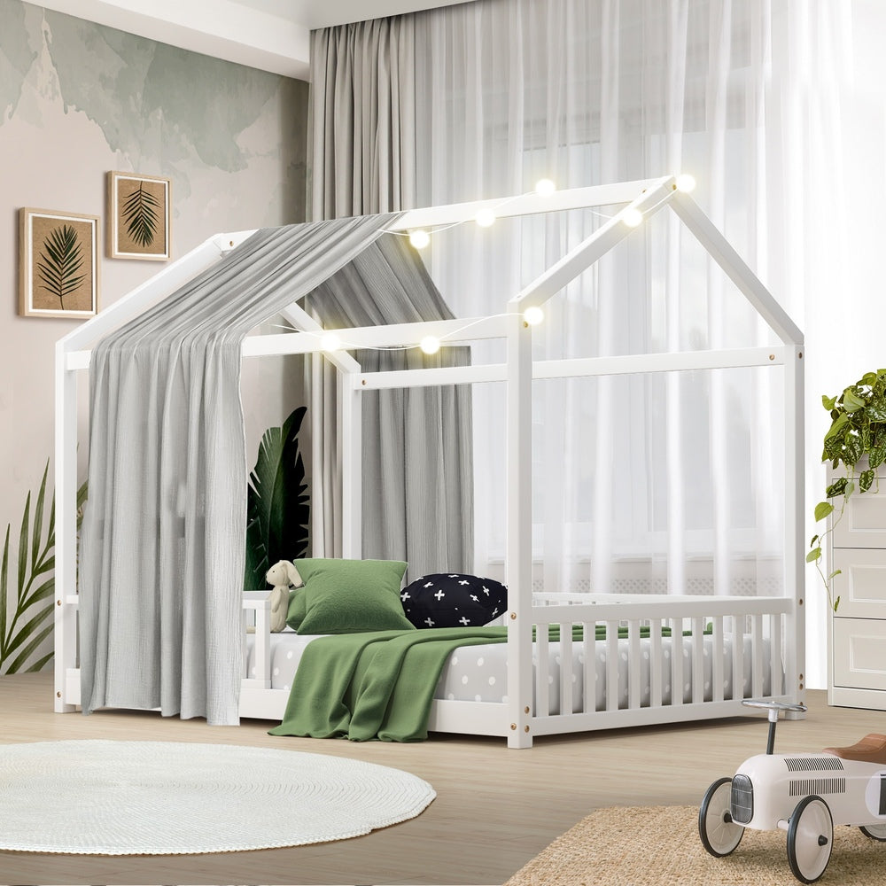 Kids Wooden Bed Frame Double Size House Platform White