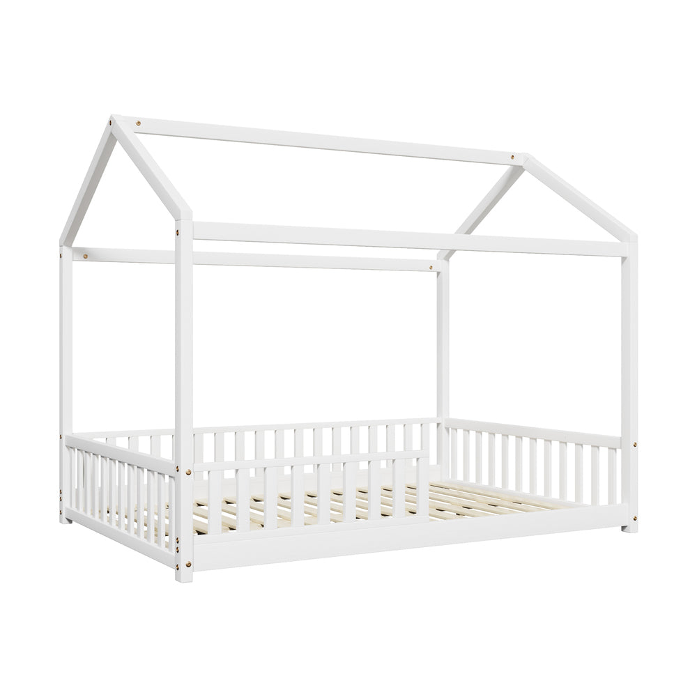 Kids Wooden Bed Frame Double Size House Platform White