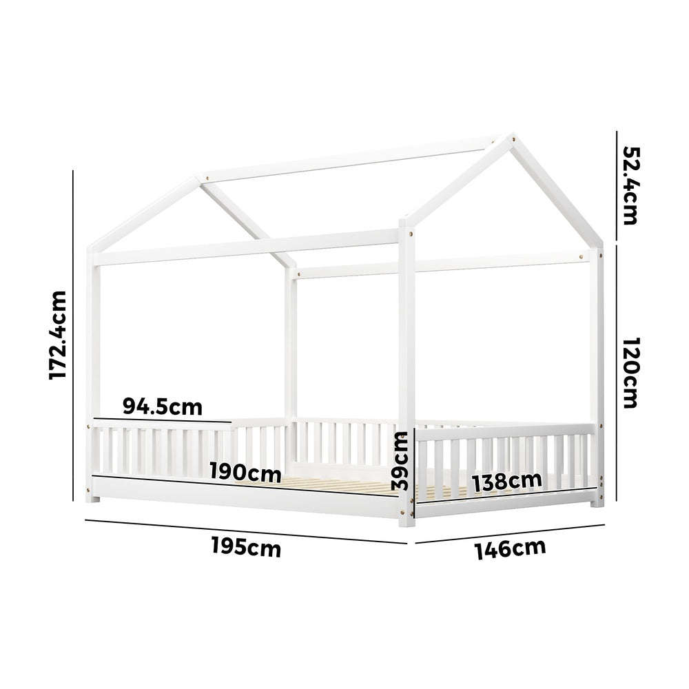Kids Wooden Bed Frame Double Size House Platform White
