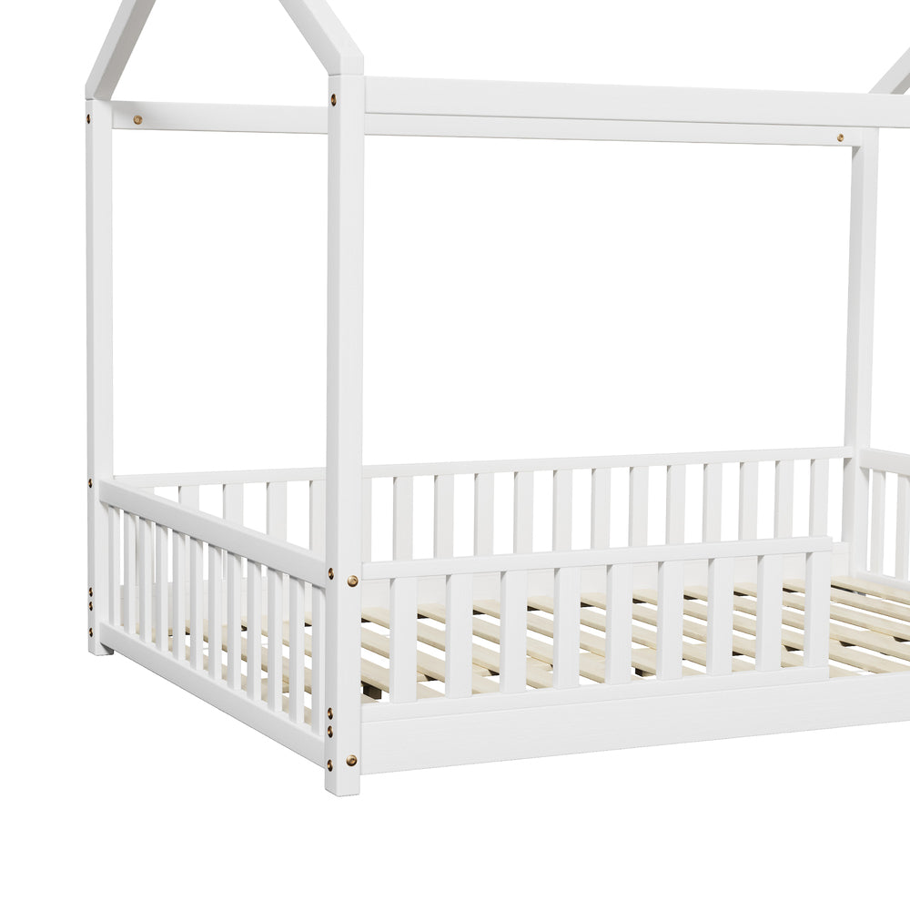 Kids Wooden Bed Frame Double Size House Platform White