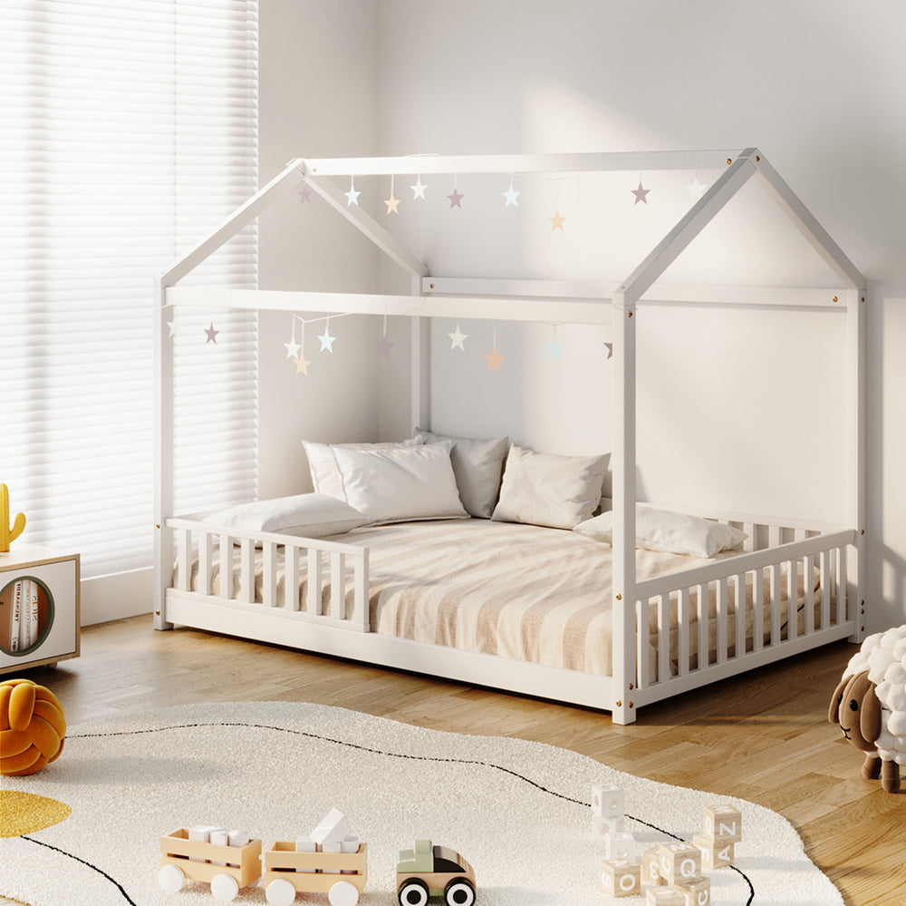 Kids Wooden Bed Frame Double Size House Platform White