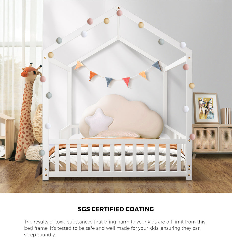 Kids Wooden Bed Frame Double Size House Platform White