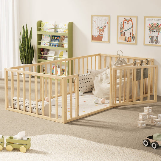 2-in-1 Kids Bed Frame Single Toddler Bed with Play Guard