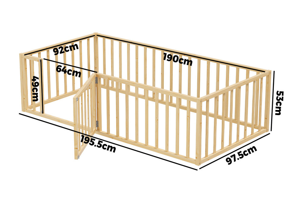 2-in-1 Kids Bed Frame Single Toddler Bed with Play Guard Fence Wood